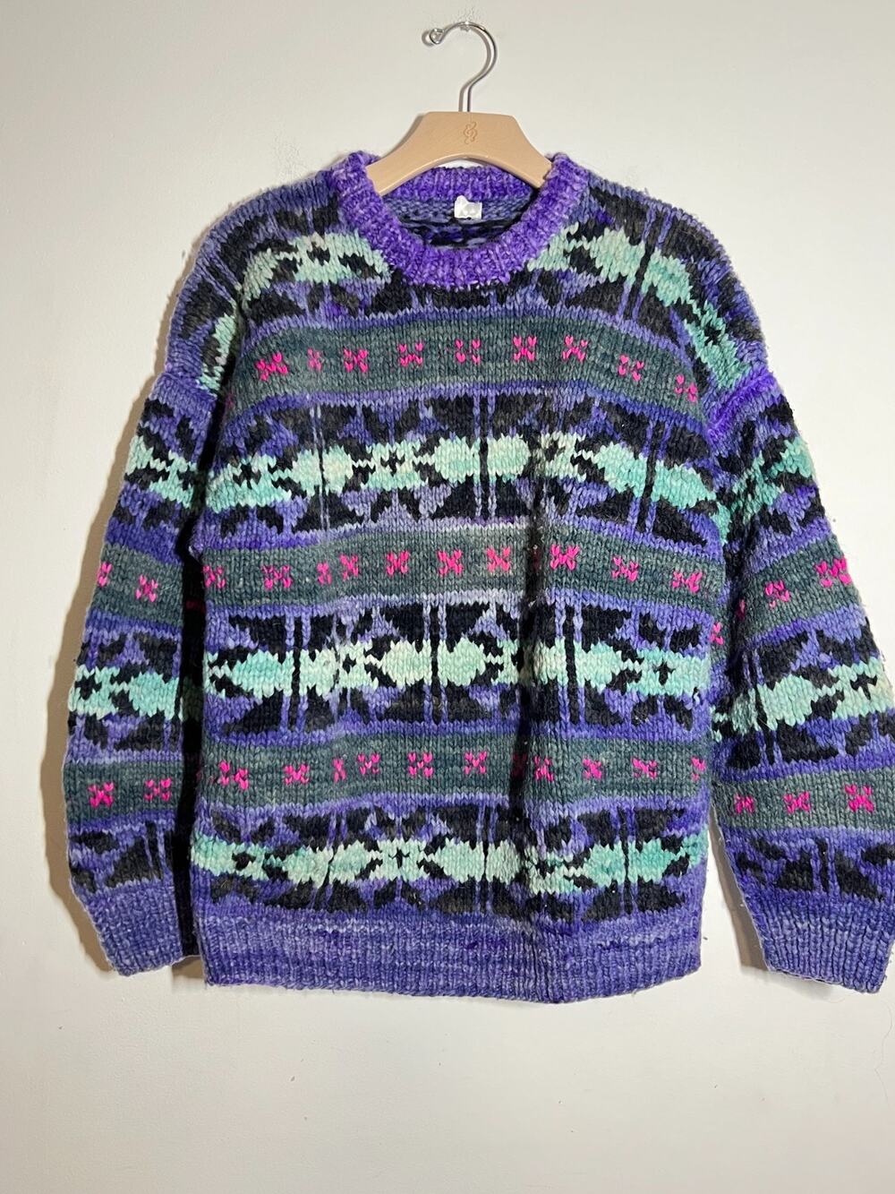 Purple Multi Hand Knit Heavy Wool Ecuador Abstract Print Pullover Sweater S/M